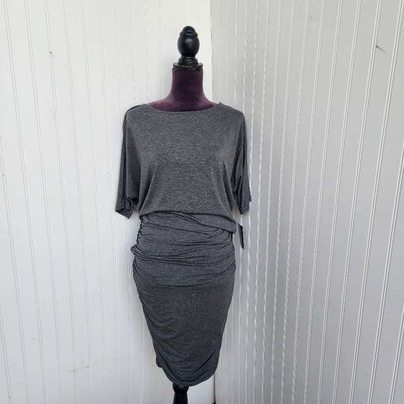 NWT Boston Proper Woman's Charcoal Gray 3/4 Sleeve Rouched Dress Polyester Sz S - Picture 1 of 15